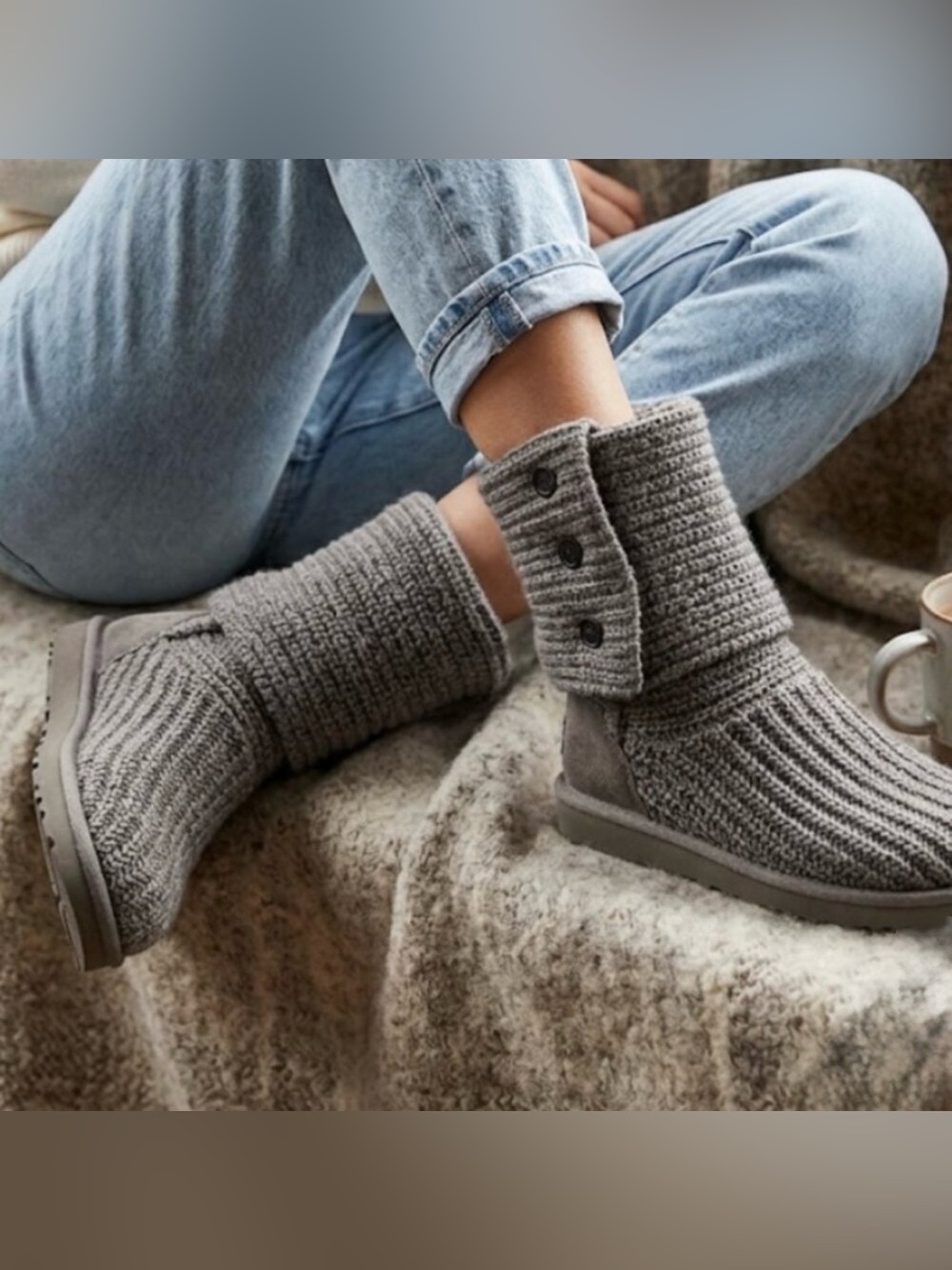 UGG Classic Cardy Gray Knit Mid Calf Tall Button Boots Women’s US 5 EU 36 Winter